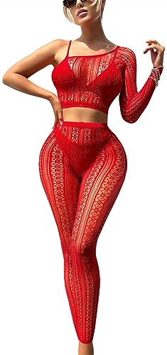 Bommi Fairy Damen Fishnet Spitzen Dessous Mesh Ausschnitt Bodycon Kleid Mit Cut Out Bodys Vollschlupf Rock Teddy EIN-Schulter-Dessous Set Babydolls (Rot) von Bommi Fairy