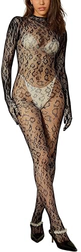 Bommi Fairy Damen Leoparden Spitze Jumpsuit Bodycon Einteiler Bodysuit Katzekostüm Netz Strumpfhose Rückenfreies Shapewear (Schwarz) von Bommi Fairy