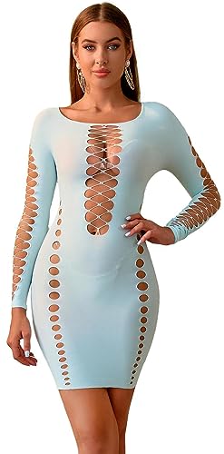 Bommi Fairy Damen Mesh-Ausschnitten Dessous Bodycon Sexy Fischnetz Outfit Langarm Bodystocking Einteiler Partykleid Babydoll Nachthemd (Hellblau) von Bommi Fairy