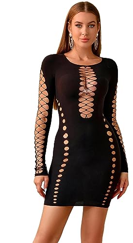 Bommi Fairy Damen Mesh-Ausschnitten Dessous Bodycon Sexy Fischnetz Outfit Langarm Bodystocking Einteiler Partykleid Babydoll Nachthemd (Schwarz) von Bommi Fairy