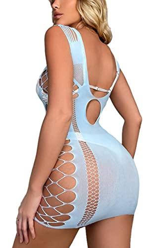 Bommi Fairy Damen Nahtlose Mesh Elastische Cut Out Reizwäsche Dessous Minikleid Nachtwäsche Dessous Sexy Kleider Fishnet (Eisblau) von Bommi Fairy