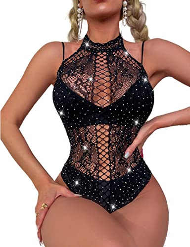 Bommi Fairy Damen Neckholder Body Mesh Bodysuit Ohne Ärmel Slim Bodies Oberteil Overall Sexy Teil Spitzen Bodysuit Elegant Bodys Tops (Schwarz) von Bommi Fairy