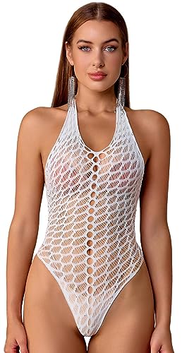 Bommi Fairy Damen Neckholder Chemise aus Fischnetz Stretch-Bodysuit mit tiefem V-Ausschnitt Einteiliger Badeanzug in schlanker Passform Sexy Rückenfreies Leotard Clubwear (Weiß) von Bommi Fairy