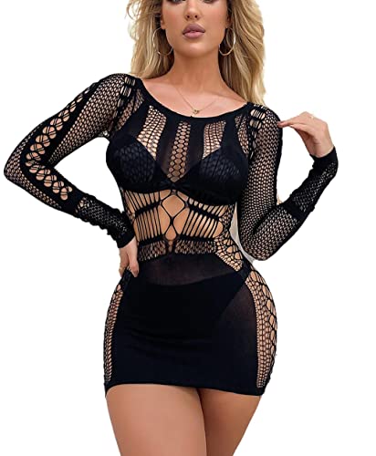 Bommi Fairy Damen Rave Outfits Sexy Fischnetz Chemise Kleid Strümpfe Nachtwäsche Langarm Bodysuit Minikleid Einheitsgröße (Schwarz) von Bommi Fairy