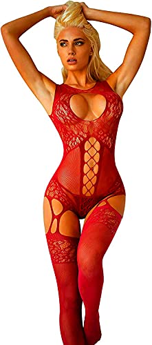 Bommi Fairy Damen Reizwäsche Spitzen Teddy Unterwäsche Strapsen Negligee Nachtwäsche Nachthemd Halfter Sling Unterwäsche Lingerie Transparente Babydoll mit Strumpfhaltergürtel-Dessous (Rot) von Bommi Fairy