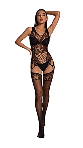 Bommi Fairy Damen Reizwäsche Spitzen Teddy Unterwäsche Strapsen Negligee Nachtwäsche Nachthemd Halfter Sling Unterwäsche Lingerie Transparente Babydoll mit Strumpfhaltergürtel-Dessous (Schwarz) von Bommi Fairy