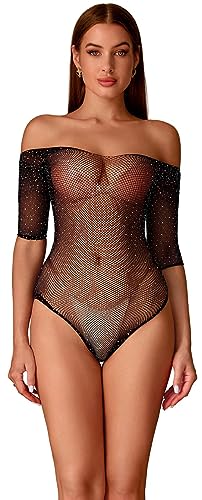 Bommi Fairy Damen Sexy Bodysuit Strass Langarm Fischnetz Teddy Dessous Trägerlos Kleid Tops Sexy Outfits (Schwarz) von Bommi Fairy