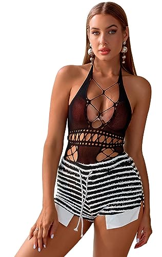 Bommi Fairy Damen Sexy Casual Durchsichtiger Dessous Reizwäsche Halter V Ausschnitt Rückenfrei Ärmellos Schlankheitskur Top Stretchy Bodysuit in einem Stück (Schwarz) von Bommi Fairy