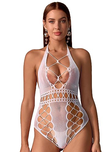 Bommi Fairy Damen Sexy Casual Durchsichtiger Dessous Reizwäsche Halter V Ausschnitt Rückenfrei Ärmellos Schlankheitskur Top Stretchy Bodysuit in einem Stück (Weiß) von Bommi Fairy