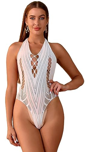 Bommi Fairy Damen Sexy Casual Halter V-Ausschnitt Ärmellos Rückenfrei Slimming Top Bodysuits Naughty Dessous Teddy Babydoll (Weiß) von Bommi Fairy