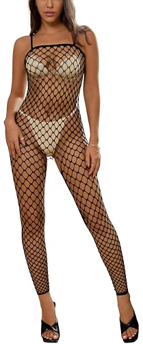 Bommi Fairy Damen Sexy Dessous Bodystockings Netz Strapshemd Streifen Bodysuit Mesh Stretch Clubwear Öffnungs-Leggings Jumpsuit (Schwarz, Einheitsgröße) von Bommi Fairy