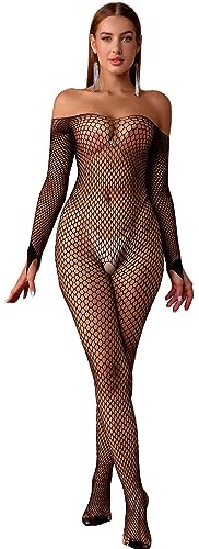 Bommi Fairy Damen Sexy Fischnetz Mesh Bodystockings Ein Stück Bodysuit Teddy Dessous Schulterfrei Outfit Jumpsuit Unterwäsche (Schwarz) von Bommi Fairy