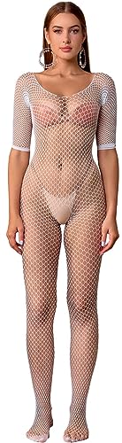 Bommi Fairy Damen Sexy Fischnetz Mesh Bodystockings Ein Stück Bodysuit Teddy Dessous Schulterfrei Outfit Jumpsuit Unterwäsche (Weiß) von Bommi Fairy