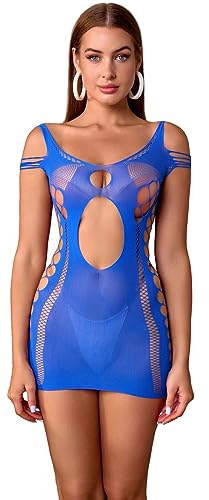 Bommi Fairy Damen Sexy Fischnetz Reizwäsche Bodysuit Dessous Nachtkleid Bodycon Stretchy Outfit Durchsichtiges Chemise Party Clubwear Babydoll (Blau) von Bommi Fairy