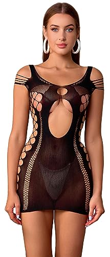 Bommi Fairy Damen Sexy Fischnetz Reizwäsche Bodysuit Dessous Nachtkleid Bodycon Stretchy Outfit Durchsichtiges Chemise Party Clubwear Babydoll (Schwarz) von Bommi Fairy