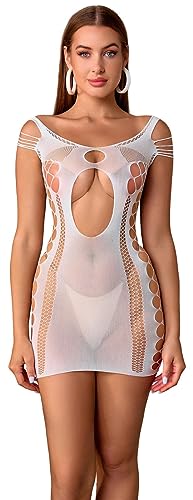 Bommi Fairy Damen Sexy Fischnetz Reizwäsche Bodysuit Dessous Nachtkleid Bodycon Stretchy Outfit Durchsichtiges Chemise Party Clubwear Babydoll (Weiß) von Bommi Fairy