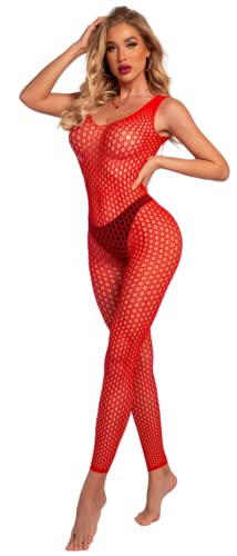 Bommi Fairy Damen Sexy Mesh Dessous Set Fischnetz Babydoll Mini Kleid Free Size Bodysuit Nachtwäsche Unterwäsche Sexy Perspektiv Erotische Dessous Lange Ärmel Lingerie Erotik Reizwäsche (Rot) von Bommi Fairy