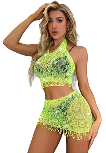 Bommi Fairy Damen Sexy Mesh Dessous Set Strass besetzt Fischnetz Babydoll Mini Kleid Free Size Bodysuit Nachtwäsche Unterwäsche Sexy Perspektiv Erotik Reizwäsche (Fluoreszierendes Gelb) von Bommi Fairy