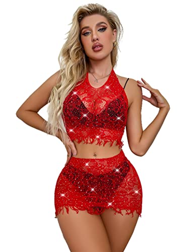 Bommi Fairy Damen Sexy Mesh Dessous Set Strass besetzt Fischnetz Babydoll Mini Kleid Free Size Bodysuit Nachtwäsche Unterwäsche Sexy Perspektiv Erotik Reizwäsche (Rot) von Bommi Fairy