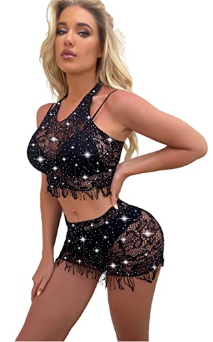 Bommi Fairy Damen Sexy Mesh Dessous Set Strass besetzt Fischnetz Babydoll Mini Kleid Free Size Bodysuit Nachtwäsche Unterwäsche Sexy Perspektiv Erotik Reizwäsche (Schwarz) von Bommi Fairy