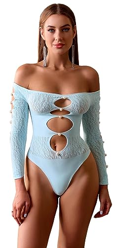 Bommi Fairy Damen Sexy Schulterfrei Langärmliges Bodysuit Ausgeschnittene Vorne Mesh Eng Einteiler Helle Künstliche Perlen Bodystocking (Hellblau) von Bommi Fairy