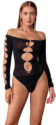 Bommi Fairy Damen Sexy Schulterfrei Langärmliges Bodysuit Ausgeschnittene Vorne Mesh Eng Einteiler Helle Künstliche Perlen Bodystocking (Schwarz) von Bommi Fairy