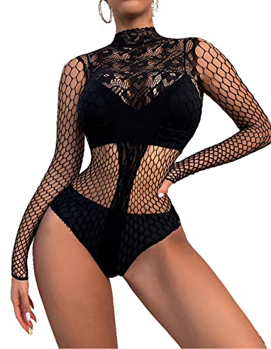 Bommi Fairy Damen Sexy Spitze Einteiliger Dessous Babydoll Mesh Bodysuit Lingerie für Frauen Teddy Dessous One Piece Unterwäsche (Schwarz) von Bommi Fairy