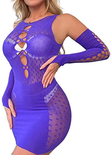 Bommi Fairy Damen Sexy Spitzen Set Mesh Dessous Set Fischnetz Babydoll Mini Kleid Free Size Bodysuit Nachtwäsche Unterwäsche Sexy Perspektiv Erotische Dessous Lingerie Erotik Reizwäsche (Lila) von Bommi Fairy