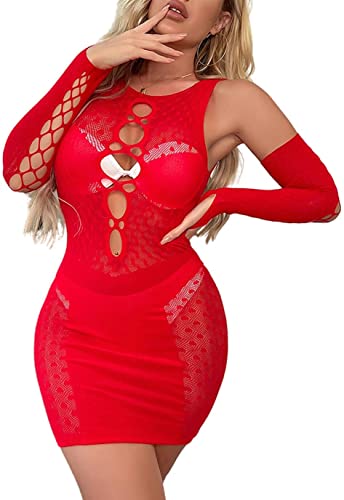 Bommi Fairy Damen Sexy Spitzen Set Mesh Dessous Set Fischnetz Babydoll Mini Kleid Free Size Bodysuit Nachtwäsche Unterwäsche Sexy Perspektiv Erotische Dessous Lingerie Erotik Reizwäsche (Rot) von Bommi Fairy