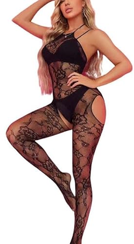 Bommi Fairy Damen Spitze Strumpfhose Halter Strumpfband Kleid Sexy Fischnetz Chemise BobyStocking Babydoll Hip Lift Nachtwäsche Slap Cosplay (Schwarz) von Bommi Fairy