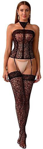 Bommi Fairy Damen Spitzen-Dessous Mini Kleid Fischnetz Chemise Bodystocking Nachtwäsche mit Strumpfhaltern und Strapsen Flexibles Sling-Spitzenhosiery (Schwarz) von Bommi Fairy