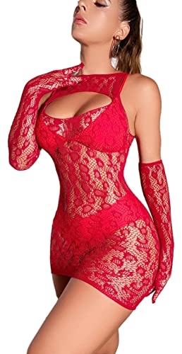 Bommi Fairy Damen Unterwäsche Sexy Versuchung Leopard Fischnetz Bodystocking Mini Kleid Trägerlos Bodysuit Mesh Chemise Sets mit Netz Handschuhe (Rot) von Bommi Fairy