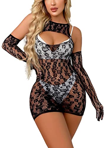 Bommi Fairy Damen Unterwäsche Sexy Versuchung Leopard Fischnetz Bodystocking Mini Kleid Trägerlos Bodysuit Mesh Chemise Sets mit Netz Handschuhe (Schwarz) von Bommi Fairy