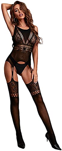 Bommi Fairy Damen Unterwäschen Reizwäsche Netz Strumpfhose Bodystockings Spitze Overall Langarm offen im Schritt Hohle Blumen Frauen Bodysuit Nachtwäsche Dessous Schwarz (Schwarz) von Bommi Fairy