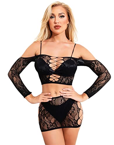 Bommi Fairy Damen sexy Unterwäsche Fischnetz Babydoll Bodysuit Mini Kleid Set Reizwäsche Netz Strumpfhose Bodystockings Spitze Overall Langarm offen im Schritt Hohle Schwarz (Schwarz) von Bommi Fairy