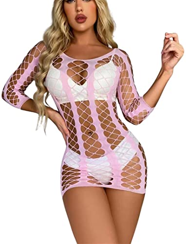 Bommi Fairy Dessous für Frauen Nahtlose Sexy Mesh Chemise Unterwäsche Sleepwear Lange Ärmel Dessous Babydoll Minikleid Fishnet Nachtwäsche Bodysuit (Hell-Pink) von Bommi Fairy