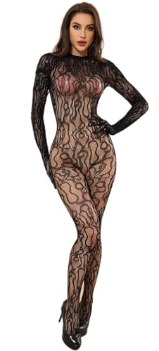 Bommi Fairy Ein Stück Fischnetz Bodysuit Dessous Ganzkörper sehen durch Backless Jumpsuit eine Größe Rave Outfits für Frauen (Schwarz) von Bommi Fairy