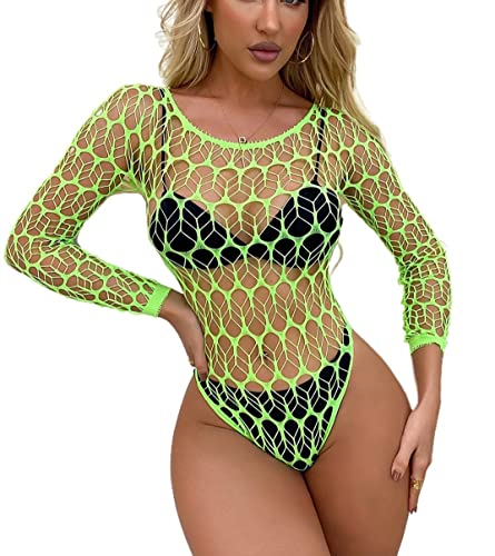 Bommi Fairy Frauen Blattnetz Bodysuit Fischnetz EIN Stück Sexy Bodycon See Through Teddy Bodysuit Körper Tops Mesh Chemise Babydoll (Grün) von Bommi Fairy