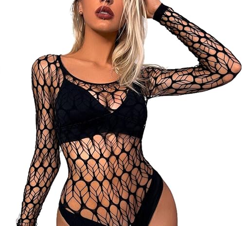 Bommi Fairy Frauen Blattnetz Bodysuit Fischnetz EIN Stück Sexy Bodycon See Through Teddy Bodysuit Körper Tops Mesh Chemise Babydoll (Schwarz) von Bommi Fairy