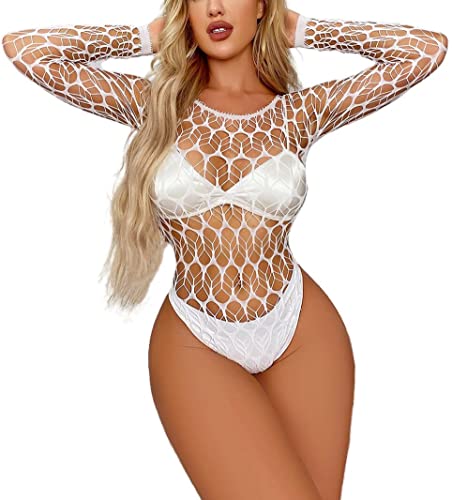 Bommi Fairy Frauen Blattnetz Bodysuit Fischnetz ein Stück Sexy Bodycon See Through Teddy Bodysuit Körper Tops Mesh Chemise Babydoll (Weiß) von Bommi Fairy