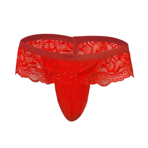 Bommi Fairy Herrenhöschen Dessous Spitze Low Rise Stretchy G-String Bikini Sissy Pouch Tanga Crossdressing Unterwäsche Ruffled Briefs (DE/NL/SE/PL, Numerisch, 42, Regular, Regular, Rot) von Bommi Fairy