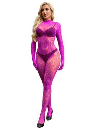 Bommi Fairy Leopard Lace Jumpsuits für Frauen Bodycon See Through Rave Outfits für Ladies Night Club One Piece BodySuit (Rose) von Bommi Fairy