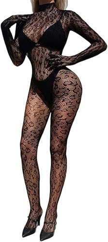 Bommi Fairy Leopard Lace Jumpsuits für Frauen Bodycon See Through Rave Outfits für Ladies Night Club One Piece BodySuit (Schwarz) von Bommi Fairy