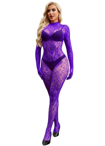 Bommi Fairy Leopard Lace Jumpsuits für Frauen Bodycon See Through Rave Outfits für Ladies Night Club One Piece BodySuit (Violett) von Bommi Fairy