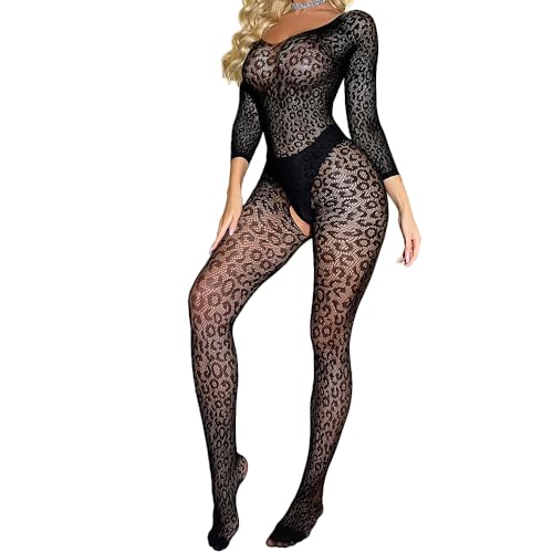 Bommi Fairy Leopard Spitze Jumpsuits für Frauen Bodycon See Through Off Shoulder Night Club ein Stück Bodysuit Crotchless Strumpfhosen (Schwarz) von Bommi Fairy