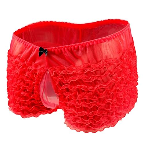 Bommi Fairy Männer gestaffelt Boxershorts Funny Boys Novelty Shorts elastische Trunks Dehnbare Taille Unterwäsche Mesh Spitze Blase Tasche atmungsaktiv und komfortabel (Rot) von Bommi Fairy