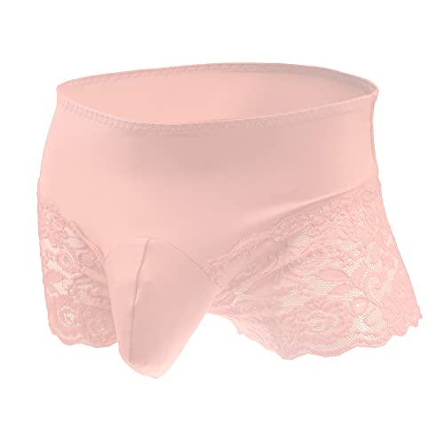 Bommi Fairy Men's Lace Briefs Sissy Pouch Unterwäsche Crossdress Atmungsaktive Stretch Baumwolle Spitze Höschen Große Hüfte Wrap mit transluzenten Oberschenkel (Hellrosa) von Bommi Fairy