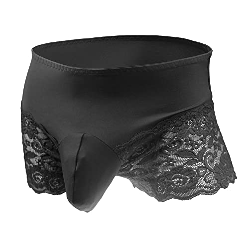 Bommi Fairy Men's Lace Briefs Sissy Pouch Unterwäsche Crossdress Atmungsaktive Stretch Baumwolle Spitze Höschen Große Hüfte Wrap mit transluzenten Oberschenkel (Schwarz) von Bommi Fairy