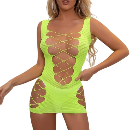 Bommi Fairy Sexy Dessous für Frauen Nahtlose Mesh Chemise Dessous Babydoll Minikleid Fishnet Bodysuit Nachtwäsche Overall offen im Schritt (Gelb) von Bommi Fairy