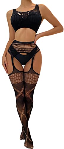 Bommi Fairy Straps-Stocking Oberschenkel Hohe Strümpfe Strumpfhosen für Frauen NetzStrumpfhose mit Ausgefallenem Muster und Elastischem Bund Strapsgürtel Strapse Set (Schwarz) von Bommi Fairy